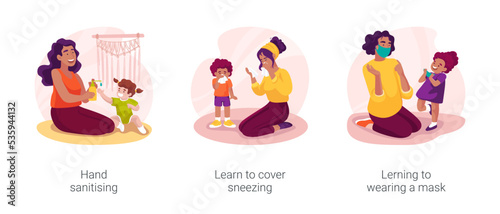 Personal hygiene skills in early education isolated cartoon vector illustration set
