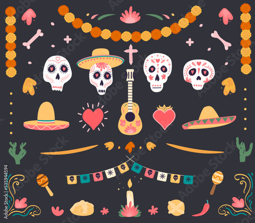 Collection of elements for dia de los muertos. Symbols for mexican holiday Day of the dead set. Mariachi musical instrument, calavera sugar skulls. Decorative marigold flower garland and altar. Vector