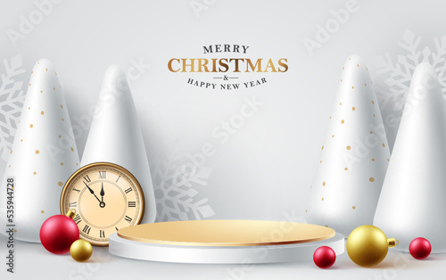 Merry christmas text vector background design. Christmas podium, stage and studio for white and minimal xmas mock up decoration. Vector Illustration. 