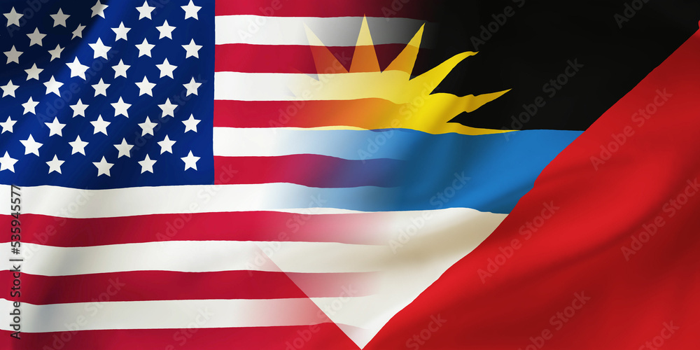 Fototapeta premium Antigua,USA flag together.American,Antigua waving flag