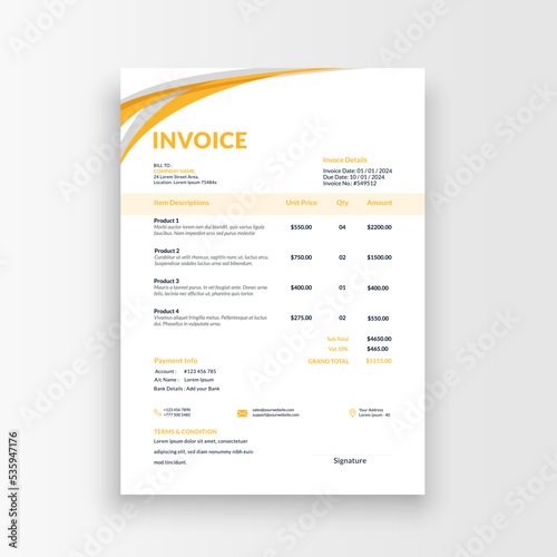 Simple yellow business invoice template