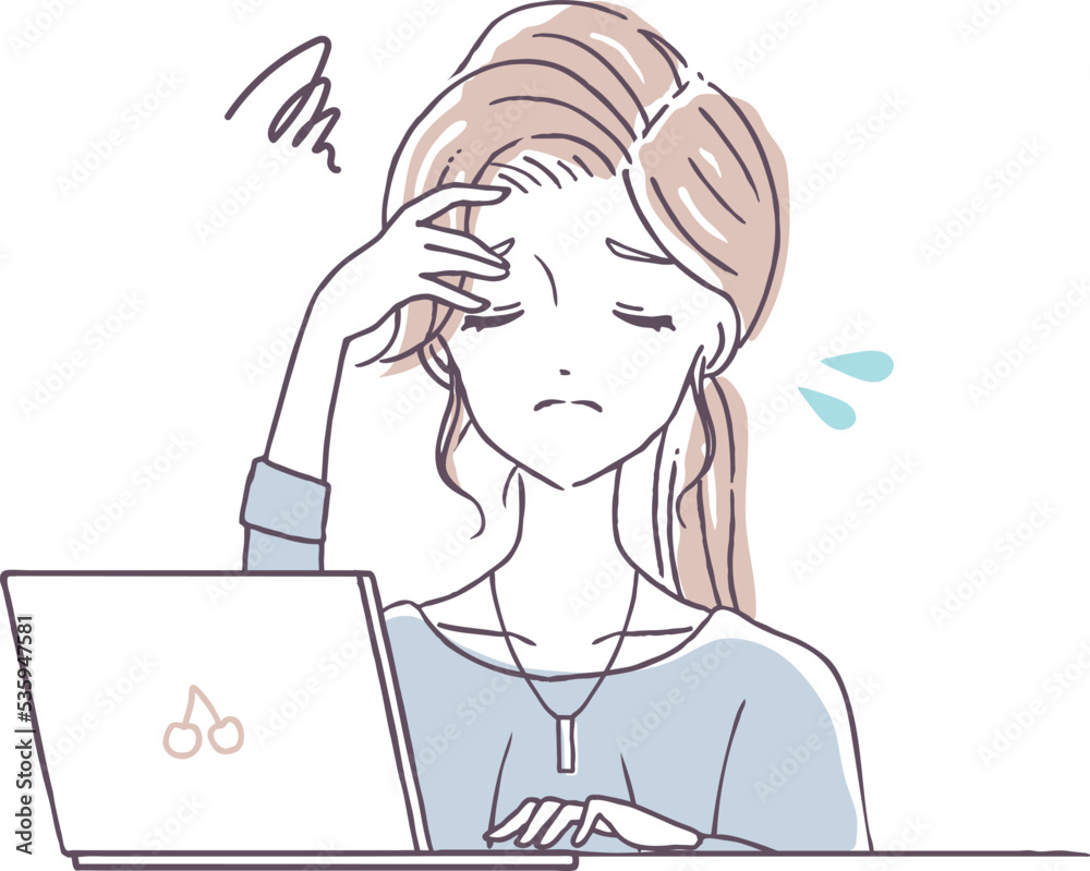 眼精疲労　頭痛　働きすぎ　ノートPC　パソコン　働く　女性　在宅勤務　リモートワーク　フリーランスイラスト素材