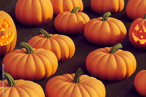 3d rendered Halloween Background with orange pumpkins