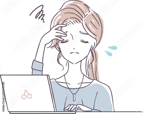 眼精疲労　頭痛　働きすぎ　ノートPC　パソコン　働く　女性　在宅勤務　リモートワーク　フリーランスイラスト素材
