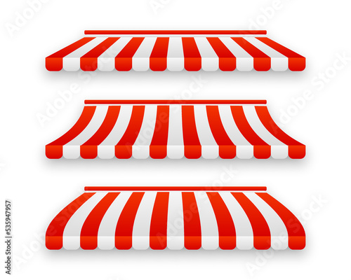 Store awnings. Restaurant tent, shop canopy with red stripes. Market roof set of tent for shop, canopy for store, cafe street. Vector illustration