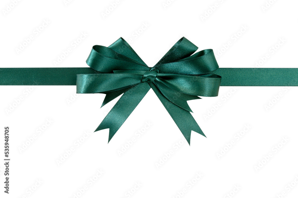 Horizontal green satin ribbon bow photo transparent background isolated