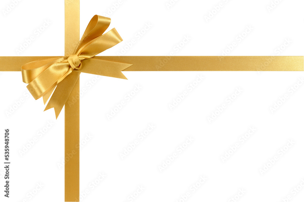 Gold gift ribbon and bow cross shape isolated transparent background photo PNG file Gold gift ribbon and bow cross shape isolated transparent background photo PNG file