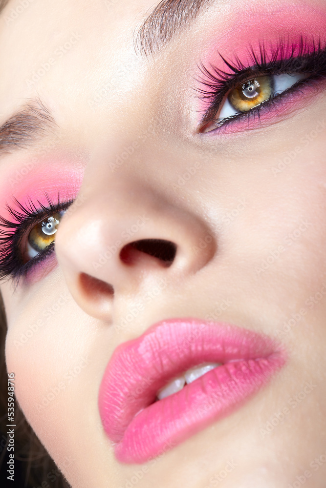 Closeup macro shot of human female face with pink makeup Closeup macro shot of human female face with pink makeup