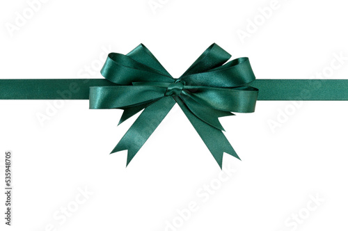 Horizontal green satin ribbon bow photo transparent background isolated PNG file
