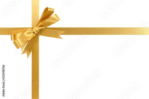 Gold gift ribbon and bow cross shape isolated transparent background photo PNG file