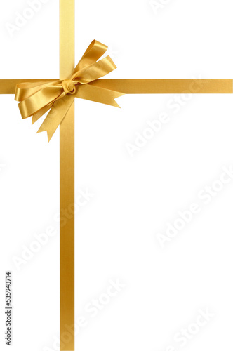 Gold gift ribbon and bow cross shape isolated transparent background vertical PNG file