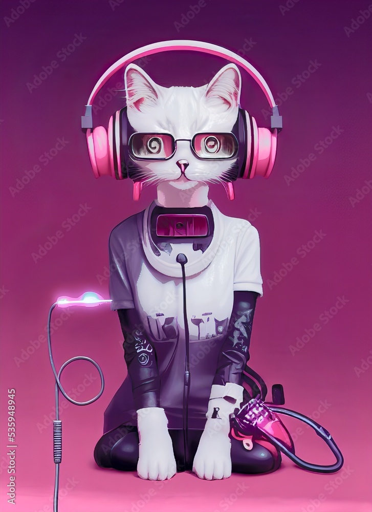 A pink anime cyberpunk hipster cat girl wearing headphones Stock ...
