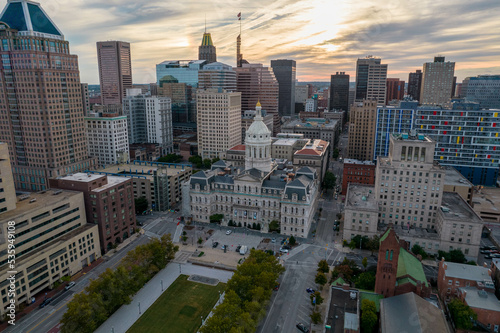 Aerial Drone View of Baltimore City Hall