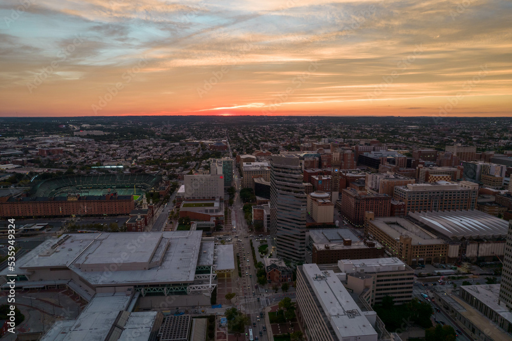 Aerial View of Baltimore City Skyline at Sunset Aerial View of Baltimore City Skyline at Sunset