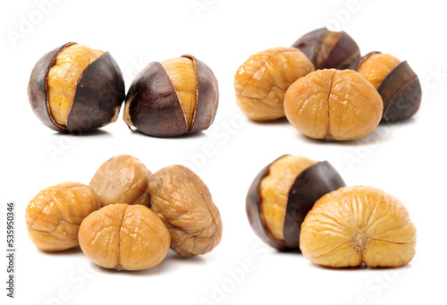 chinese food, peeled roasted chestnut on white background