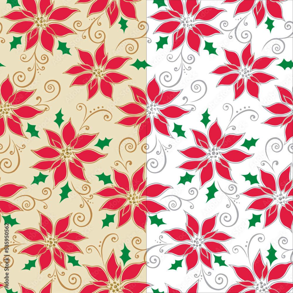 Seamless pattern of Christmas Poinsettia with Gold Swirls- Christmas vector design 