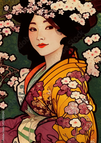 Art Nuoveau Style Portrait of a Beautiful Geisha, she Weared Traditional Japanese Kimono. Digitally generated image, post-processed with manual drawing, not an real person, no model release required