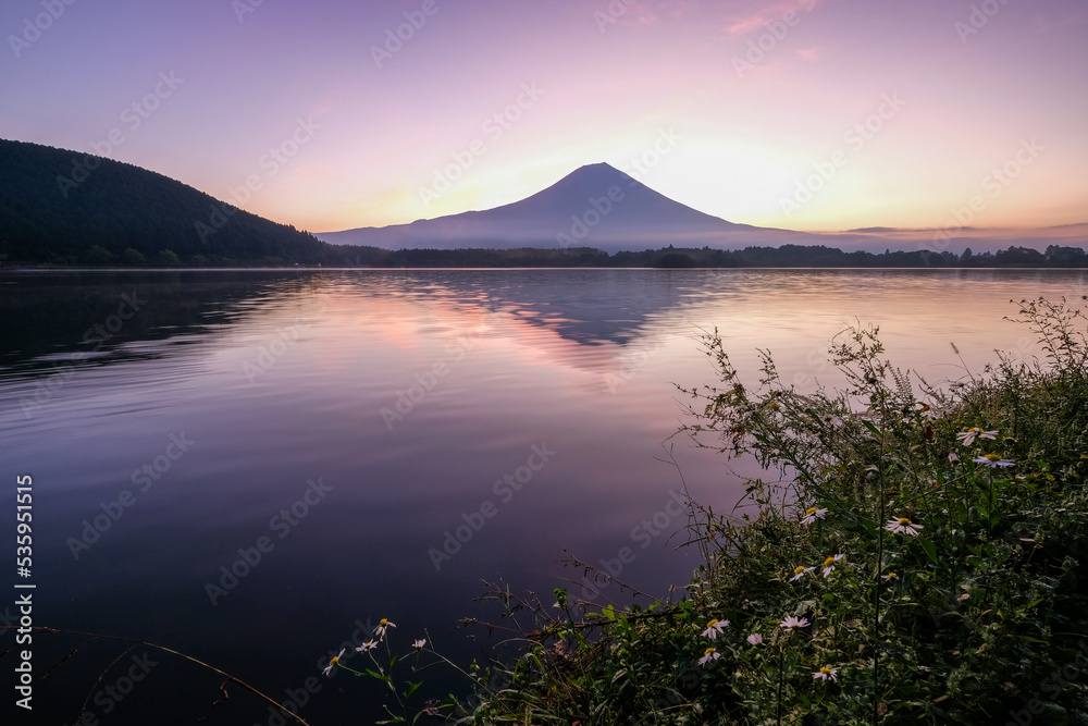 静岡県富士宮市田貫湖と早朝の雄大な富士山