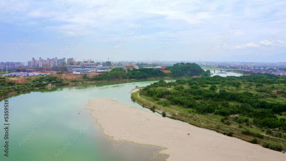 aerial view of river and modern cityscape aerial view of river and modern cityscape