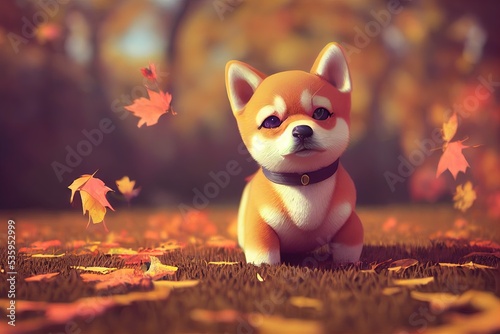 An adorable Shiba Inu puppy 3D computer generated image made to look like modern animation style. Frolicking in autumn leaves, happy, cute, and fluffy.