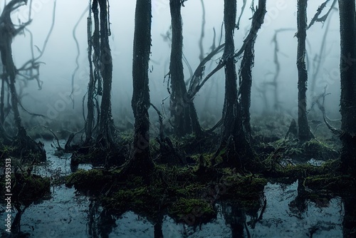 3D rendered computer-generated image of a foggy swampy jungle scene. Natural trees and isolated forest with a dark and foreboding feel. Eerie nature with creepy fog factor © Brian