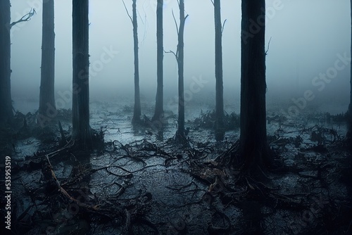 3D rendered computer-generated image of a foggy swampy jungle scene. Natural trees and isolated forest with a dark and foreboding feel. Eerie nature with creepy fog factor © Brian