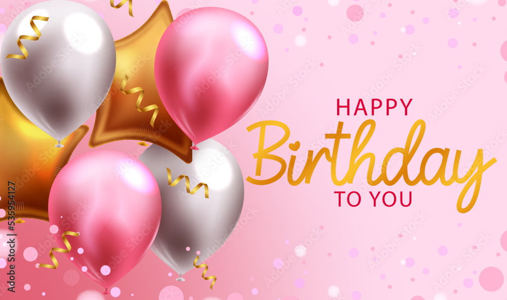 Happy birthday text vector background design. Birthday balloons party elements decoration in pink empty space for invitation card message. Vector Illustration. 