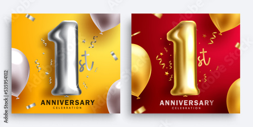 Anniversary 1st vector poster set design. Happy first anniversary  greeting card collection with 1 inflatable balloon elements for background decoration. Vector Illustration.