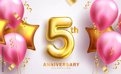 Anniversary 5th balloon vector background design. Five years anniversary celebration with inflatable balloons in pink and gold color in white background. Vector Illustration. photo