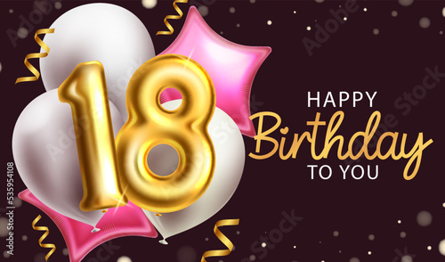 Birthday 18th vector background design. Happy birthday text with balloons and confetti elements for debut party decoration. Vector Illustration. 
 photo