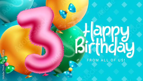 Happy birthday text vector background design. Birthday 3rd party balloon elements for greeting card design. Vector Illustration. photo