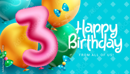 Happy birthday text vector background design. Birthday 3rd party balloon elements for greeting card design. Vector Illustration.