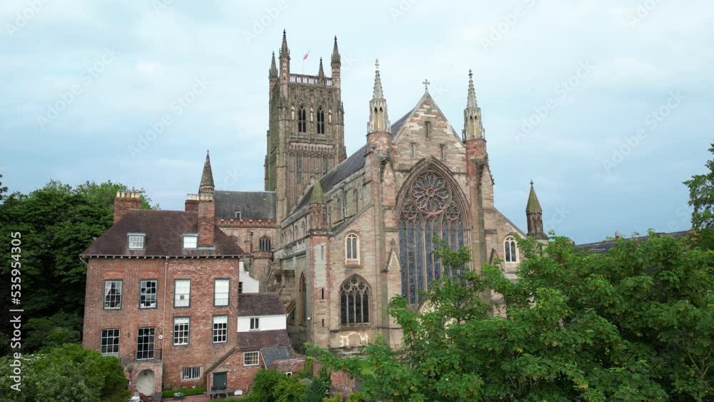 Beautiful Aerial Orbit of Worcester Cathedral, Historic Religious Building in England Beautiful Aerial Orbit of Worcester Cathedral, Historic Religious Building in England