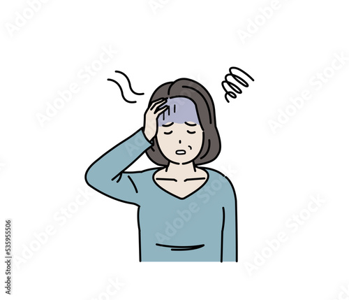 貧血　めまい　立ちくらみに困る中年の女性　病気　症状　フラフラ　イラスト
