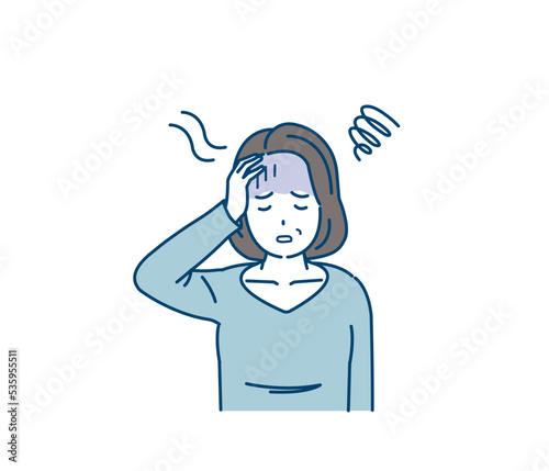 貧血　めまい　立ちくらみに困る中年の女性　病気　症状　フラフラ　イラスト