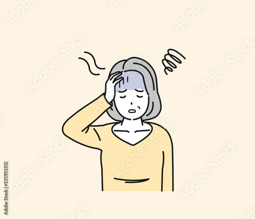 貧血　めまい　立ちくらみに困る中年の女性　病気　症状　フラフラ　イラスト