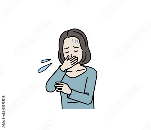 吐き気　嘔吐する中年の女性　食あたり　症状　イラスト