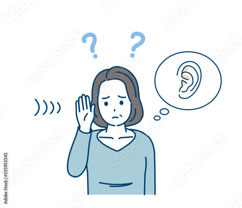 聴力が衰える中年の女性　聞こえない　難聴　耳が悪い　症状　イラスト