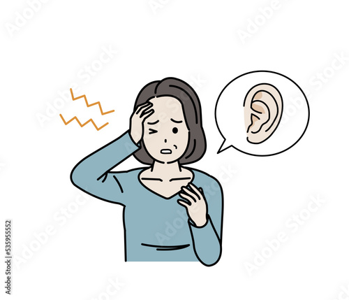 耳鳴り　耳が痛い中年の女性　異音　中耳炎　病気　症状　イラスト