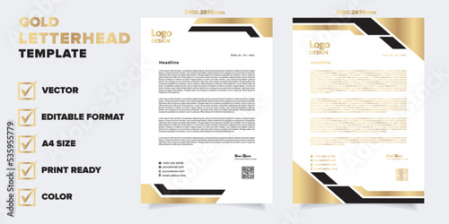 gold letterhead template for business company stationery design with A4 sheet vector format and editable layout in luxury color