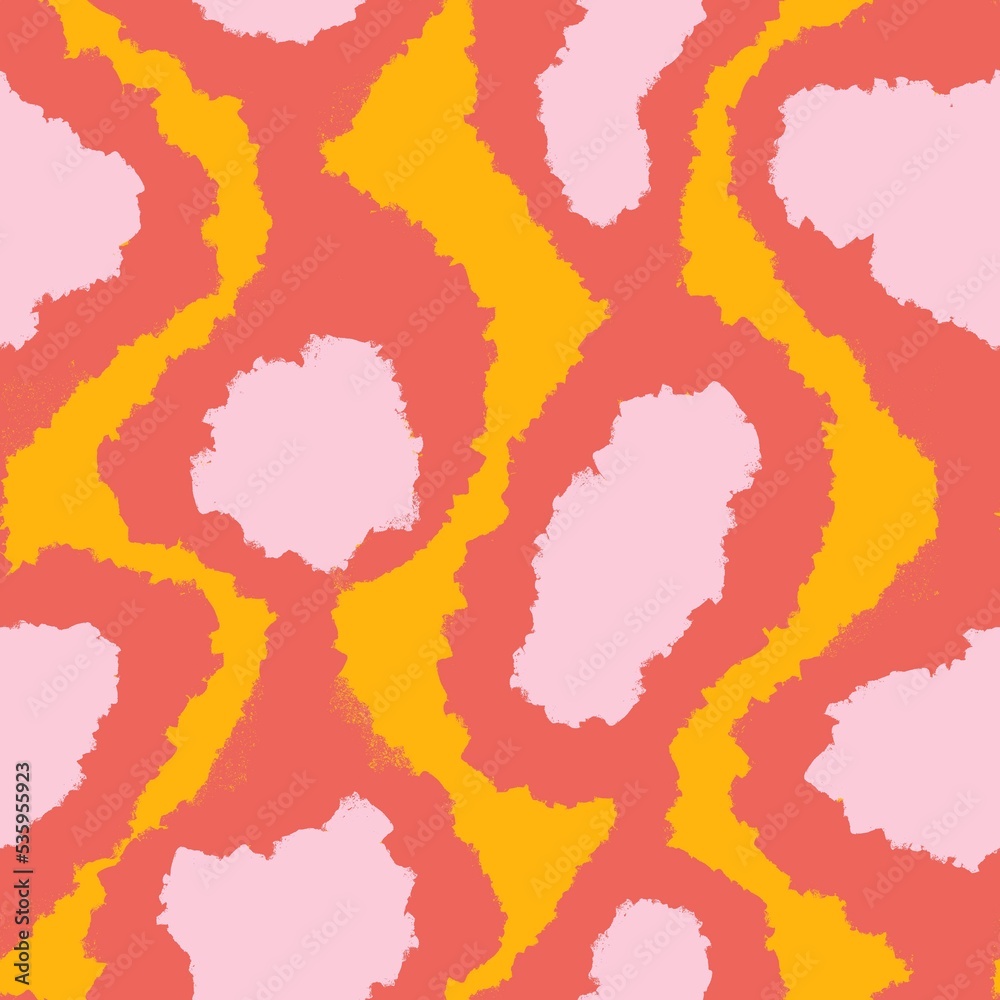 Hand drawn seamless pattern with geometric abstract shapes in red orange yellow colors. Mid century modern background for fabric print wallpaper wrapping paper. Contemporary trendy fluid design.