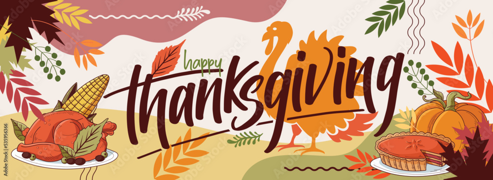 happy thanksgiving banner design with typography, turkey bird, corn, pumpkin pie and abstract leaves thanksgiving background. Vector illustration.