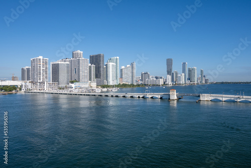 Residential waterfront buildings on Biscayne Bay in Miami  Florida on clear calm sunny autumn morning..