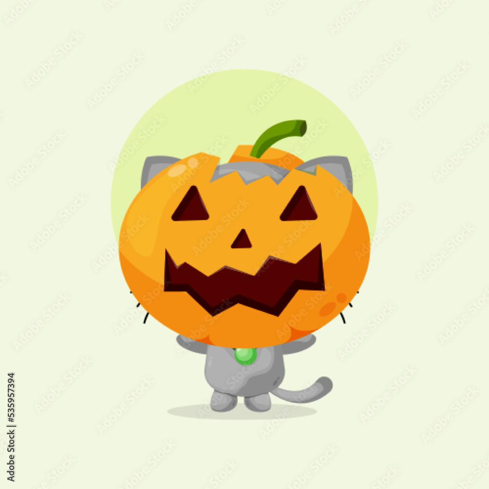 Fototapeta premium Cute cat with pumpkin halloween mask illustration