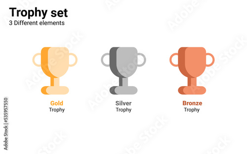 set of isolated trophy with gold, silver, and bronze combined with red ribbon which ranking of winner, first runner up, and third badge.This is useful for sport game , challenge, competition, award.