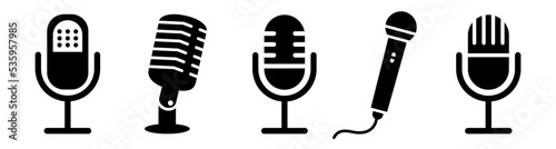 Microphone vector icon set. Variant microphone icon. Karaoke mic. Podcast microphone. Voice vector icon. Recording Studio Symbol. Retro microphone icon. vector illustration