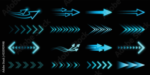 set of neon glowing blue arrows design.