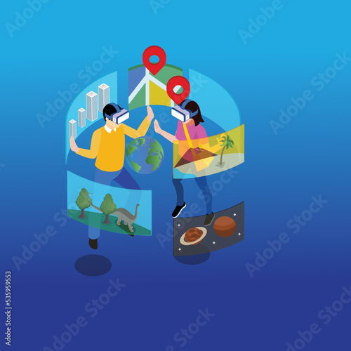 Man and woman wearing VR glasses learning, traveling, in a virtual world 3d isometric vector illustration concept for banner, website, landing page, ads, flyer template