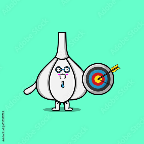 Cute cartoon Garlic businessman holding target and arrow with happy expression  