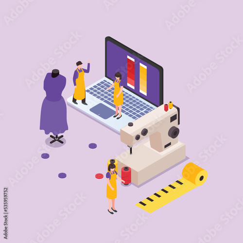 Online fashion workshop 3d isometric vector illustration concept for banner, website, landing page, ads, flyer template